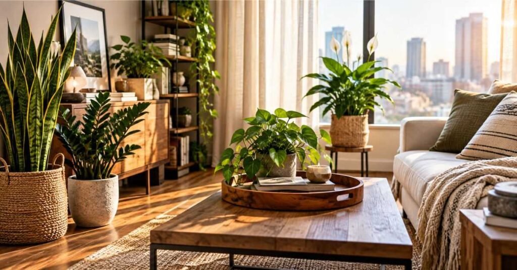 Small apartment corner decorated with mirrors, plants and multi-functional furniture for space