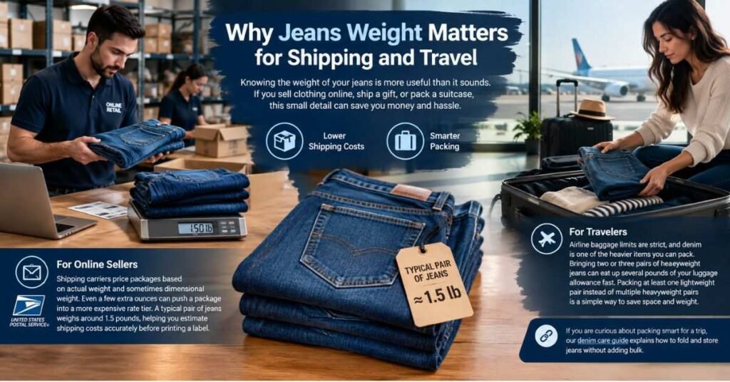 Traveler packing folded denim jeans into a suitcase alongside a shipping box and postal scale