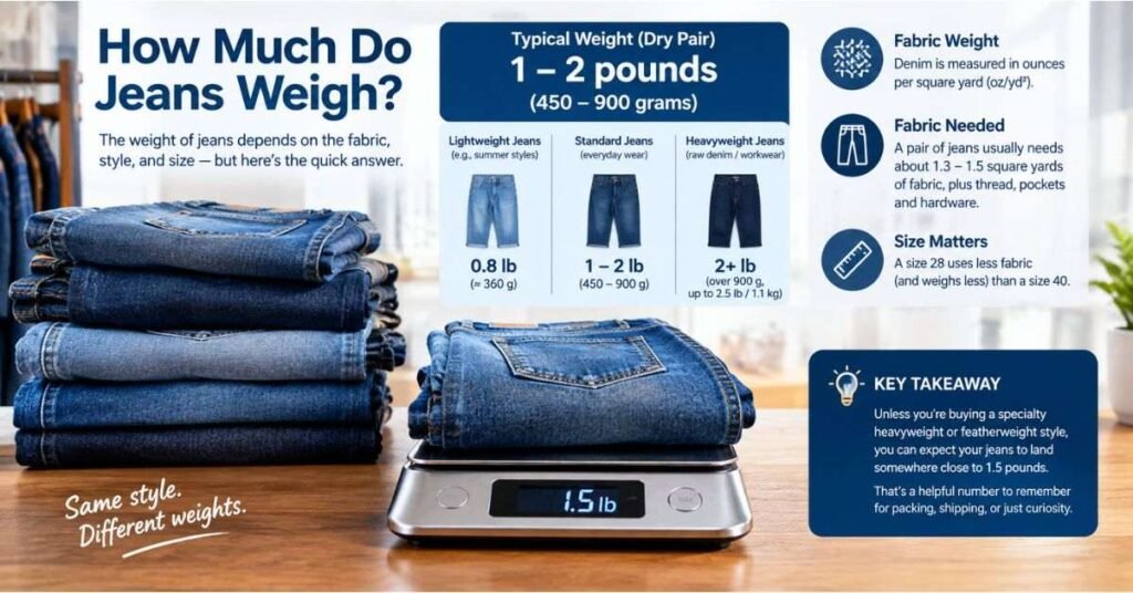 Lightweight, midweight, and heavyweight denim jeans hanging side by side on wooden hangers indoors