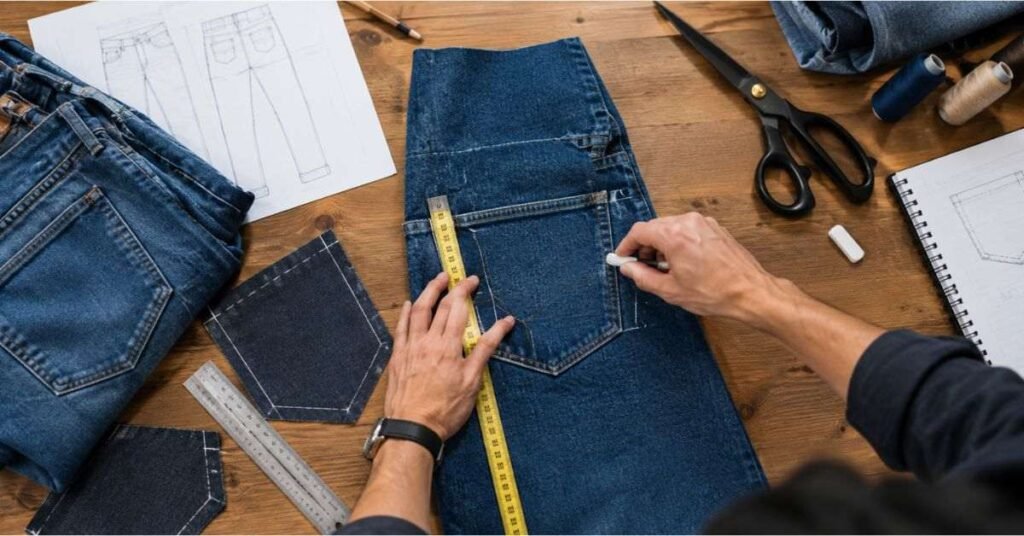 Folded blue denim jeans stacked on a wooden shelf showing different fabric weights and thicknesses