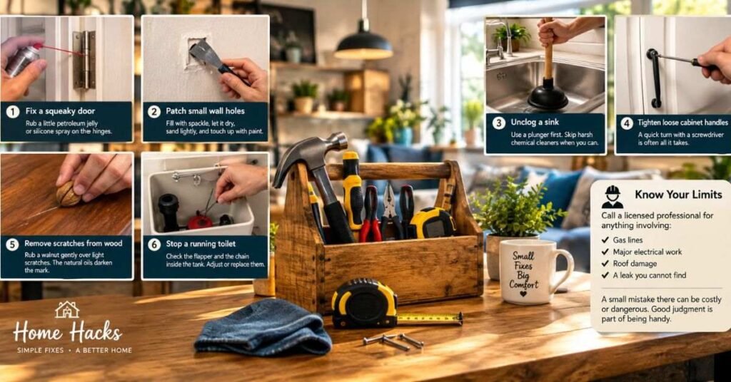 Basic hand tools including a screwdriver, hammer, pliers and tape measure laid out on a workbench