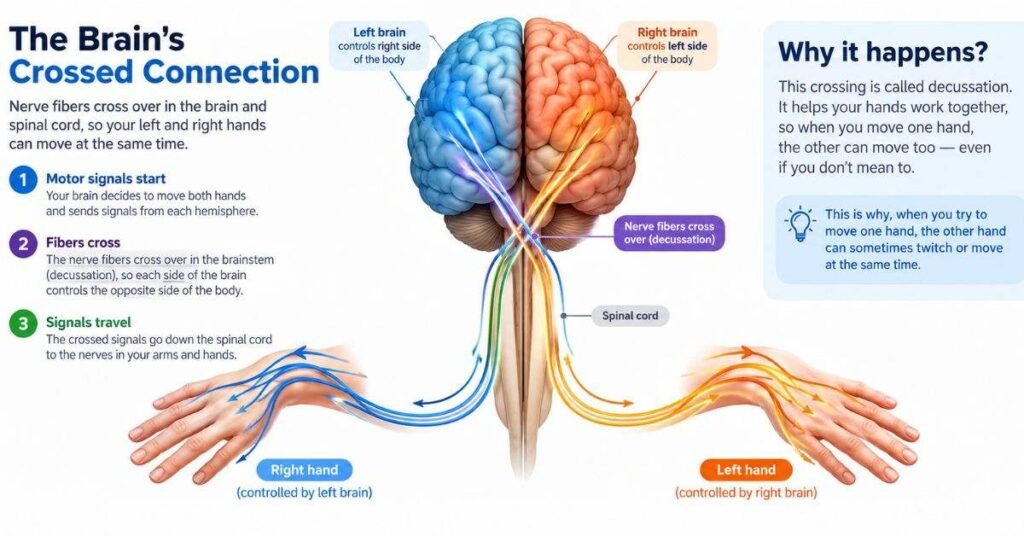 Diagram of the brain showing how nerve fibers cross over to control the left and right hands at once