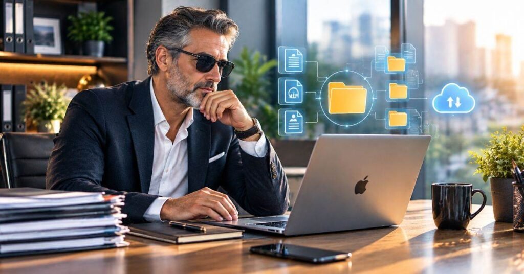 Padlock icon over a laptop and cloud symbol showing safe backup and secure business document storage