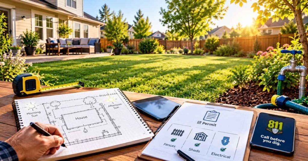 Backyard budget plan on a notebook with a tape measure, pencil, and a yard sketch on a wooden table