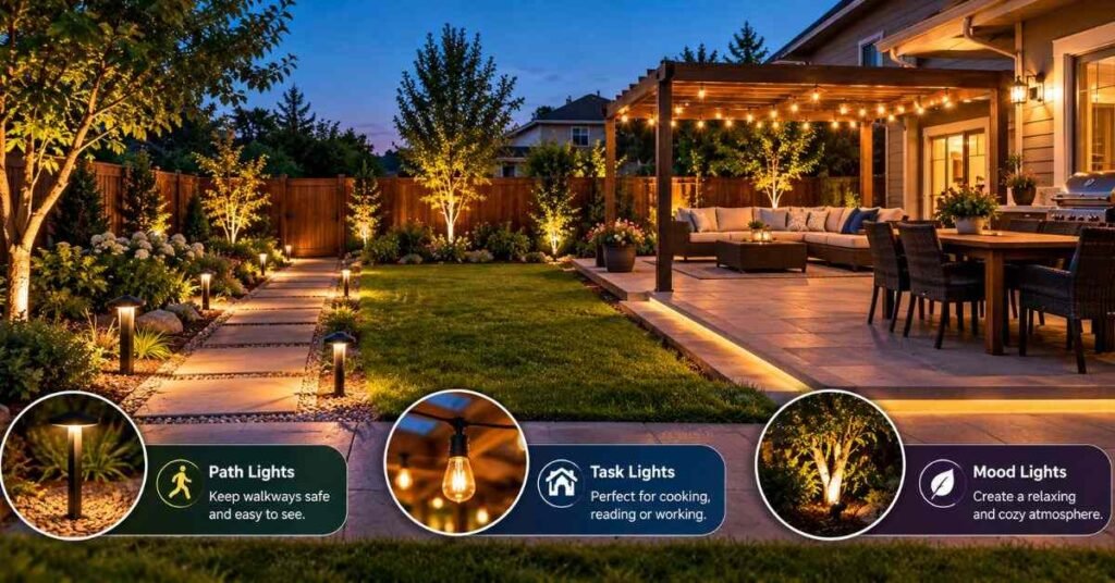 Warm string lights and path lights glowing in a backyard garden at night for safe and cozy evenings