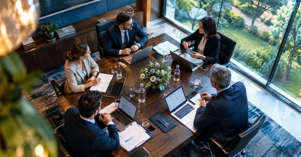 Team of three happy coworkers reviewing a shared document folder structure on a large office monitor