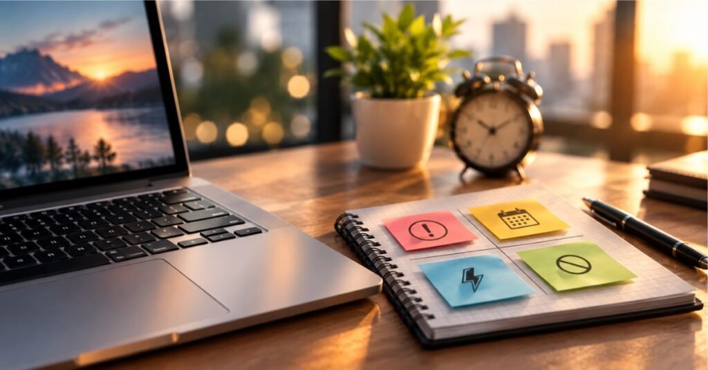 Freelancer taking a short break at a desk to avoid burnout after a busy workday