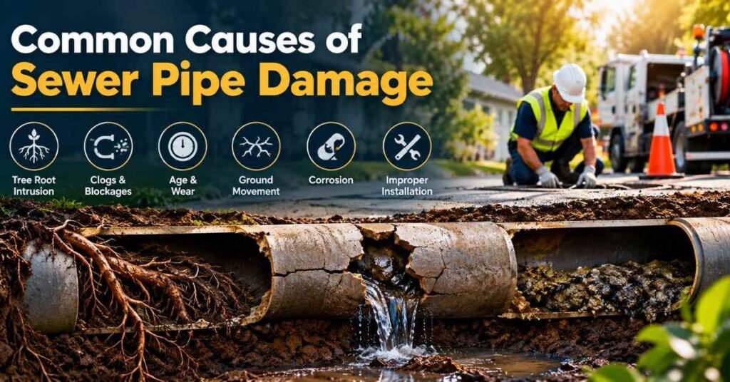 Plumber inspecting a sewer pipe with a video camera to find cracks and tree root damage underground