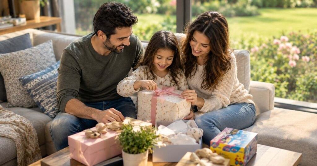 Mom and child opening a colorful gift box at home after winning a family giveaway prize online today