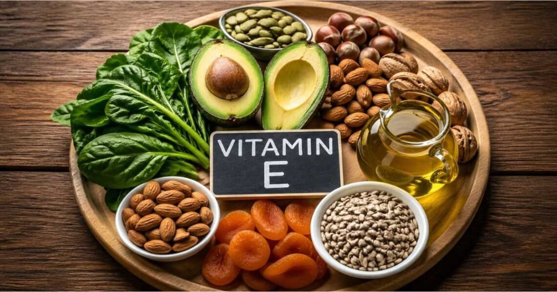bntamnh e vitamin E rich foods including almonds sunflower seeds spinach and avocado on wooden table