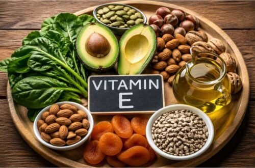 bntamnh e vitamin E rich foods including almonds sunflower seeds spinach and avocado on wooden table