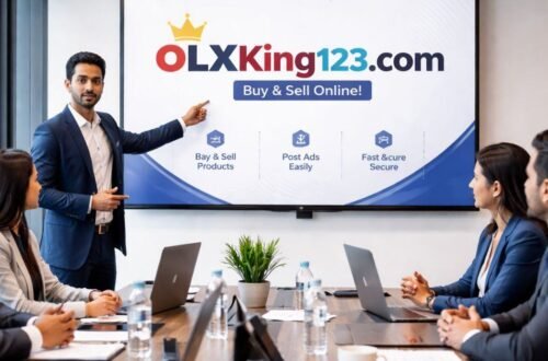 olxking123.com Online marketplace workspace with laptop and mobile buying selling products