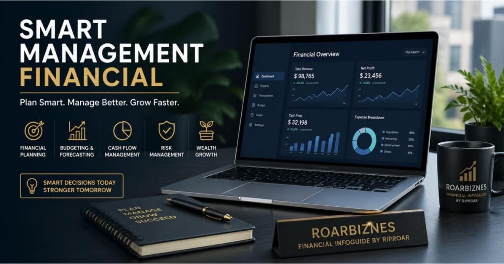 A modern entrepreneur reading the roarbiznes financial infoguide by riproar to reach business goals.