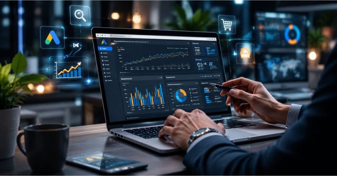 A digital dashboard showing PPC management campaign performance metrics and analytics data