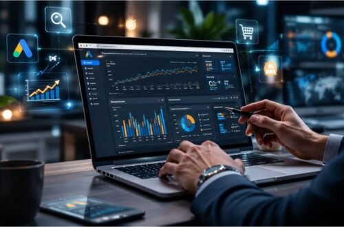 A digital dashboard showing PPC management campaign performance metrics and analytics data