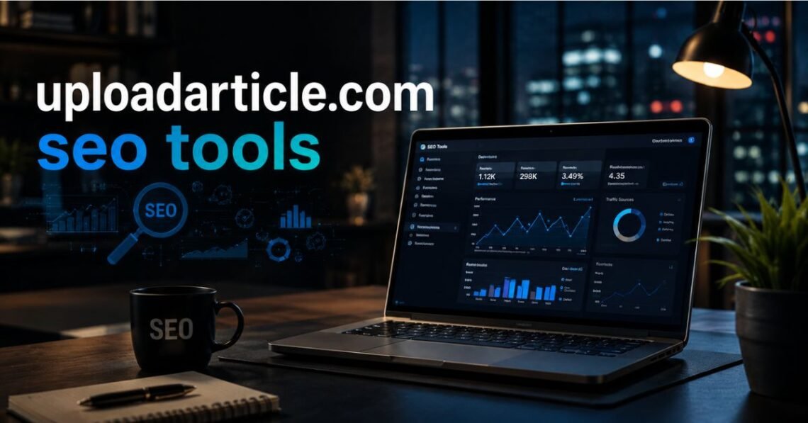 Dashboard view of uploadarticle.com SEO tools showing keyword and content optimization features