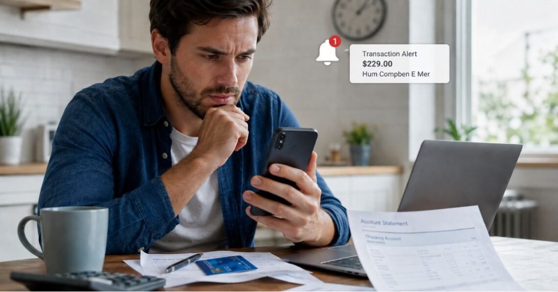 Person checking hum compben e mer transaction on phone banking app to verify Humana payment