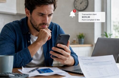 Person checking hum compben e mer transaction on phone banking app to verify Humana payment
