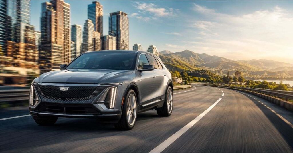 Cadillac Lyriq driving on highway in Tour mode for maximum electric range performance