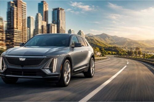Cadillac Lyriq driving on highway in Tour mode for maximum electric range performance