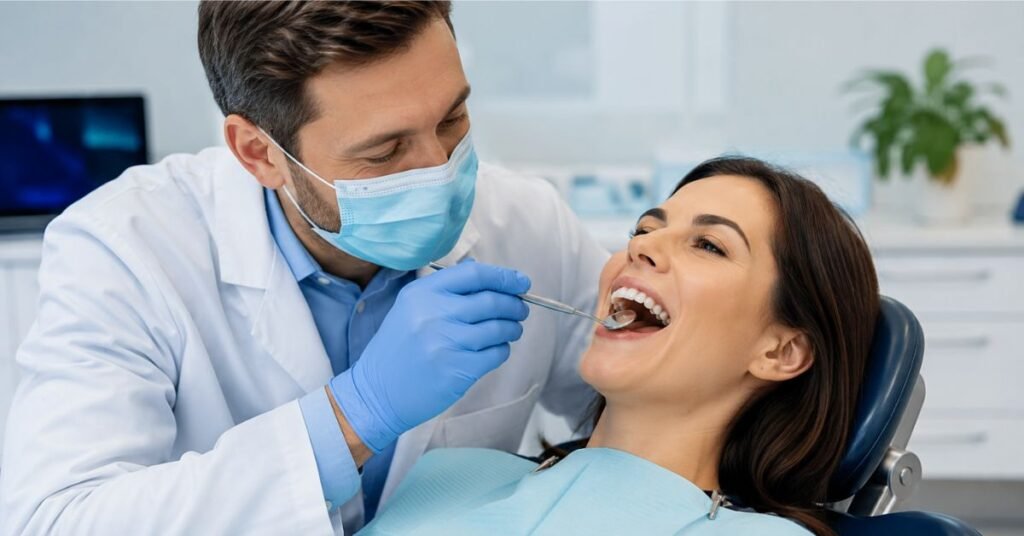 Dentist checking a patient's teeth during a routine health and dentistry checkup appointment