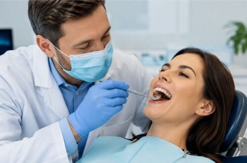 Dentist checking a patient's teeth during a routine health and dentistry checkup appointment