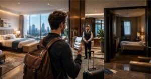 Person comparing hotel booking prices online to find the best travel tweaks for hotels