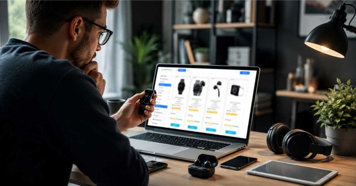Person browsing g15tool gadgets on laptop comparing tech deals before buying online