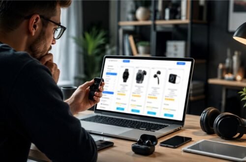 Person browsing g15tool gadgets on laptop comparing tech deals before buying online
