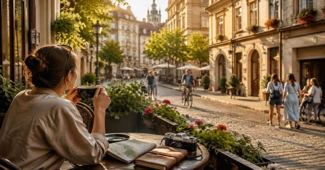 A traveler enjoying a quiet morning coffee in a local cafe during a slow city break trip