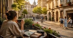 A traveler enjoying a quiet morning coffee in a local cafe during a slow city break trip