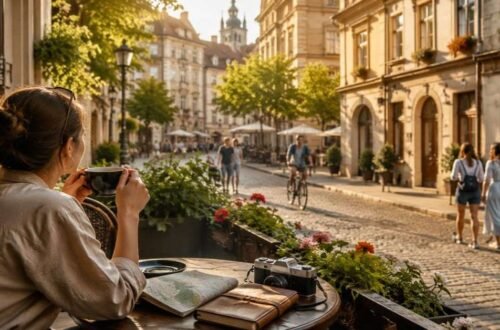 A traveler enjoying a quiet morning coffee in a local cafe during a slow city break trip