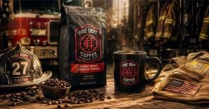 Fire Dept Coffee dark roast bag with bold firefighter branding on a wooden table in 2026