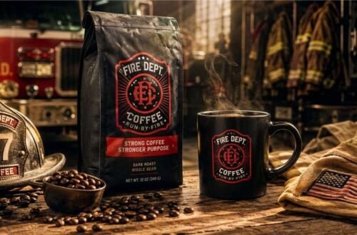 Fire Dept Coffee dark roast bag with bold firefighter branding on a wooden table in 2026