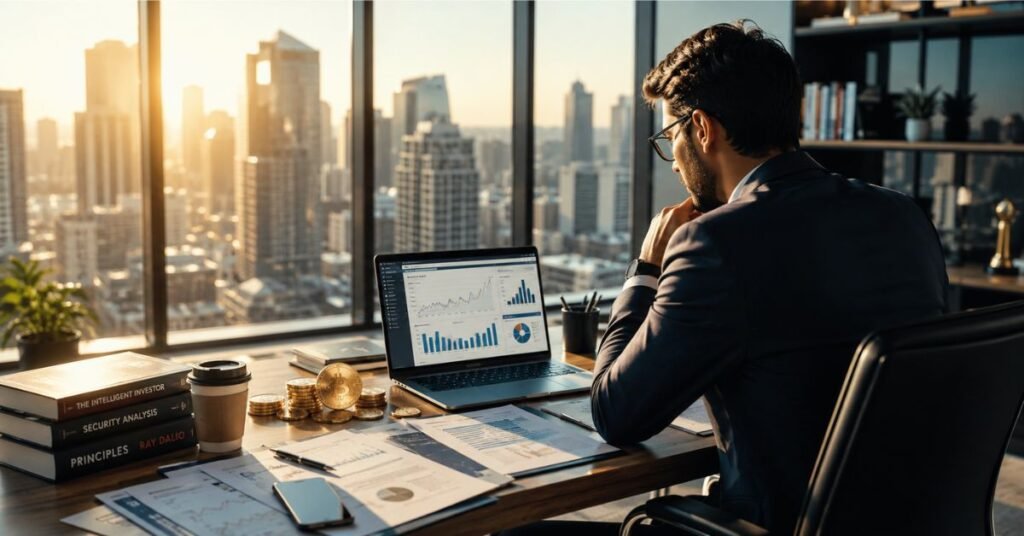 Startup founder planning digital marketing strategy on laptop with charts and notes, 2026 style