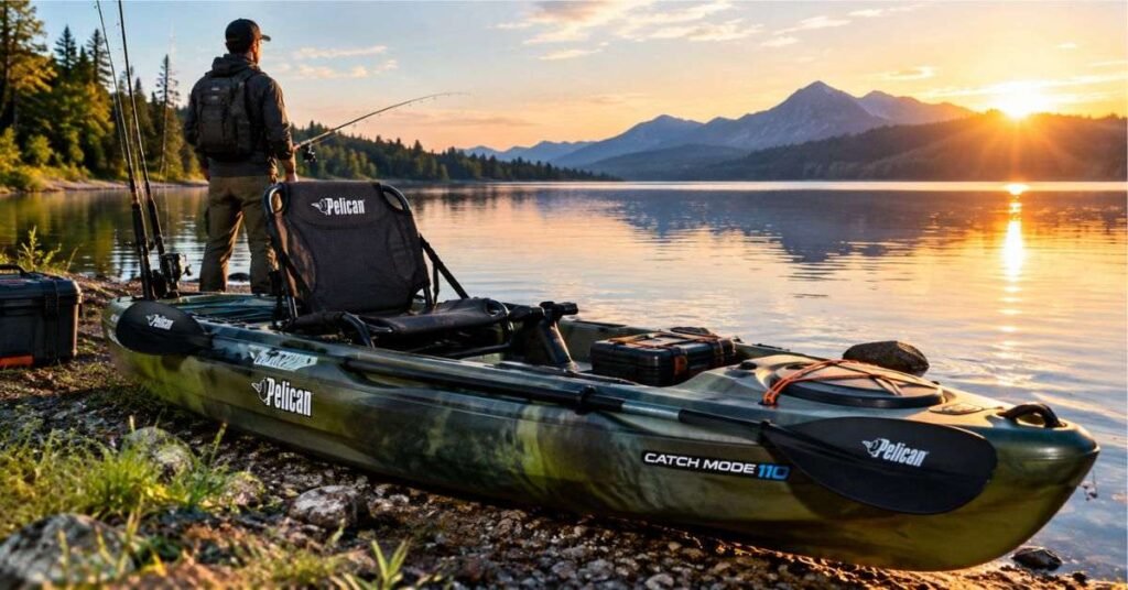 Angler standing on Pelican Catch Mode 110 kayak deck casting a fishing rod on calm open water.