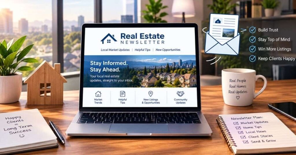 Real estate agent reviewing a monthly market update newsletter email on a laptop in a home office