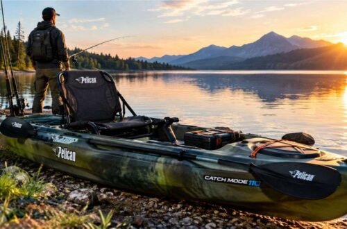 Angler standing on Pelican Catch Mode 110 kayak deck casting a fishing rod on calm open water.