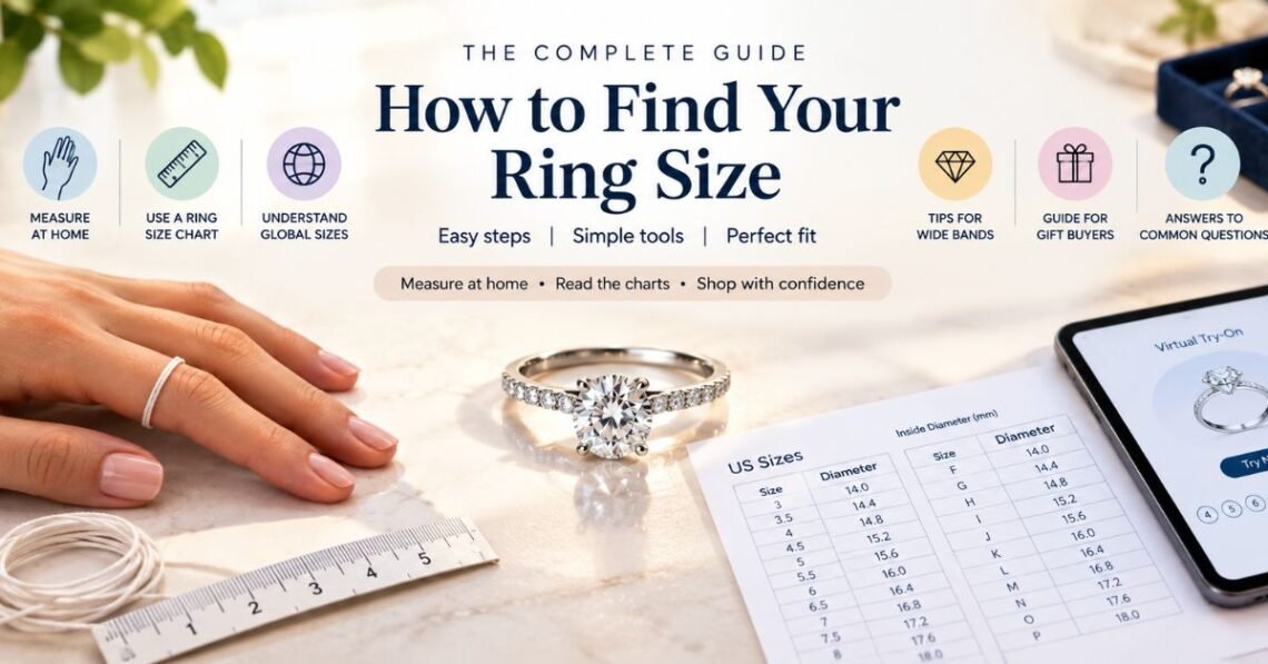 Ring size chart online table showing US, UK and EU ring sizes with diameter and circumference in mm.