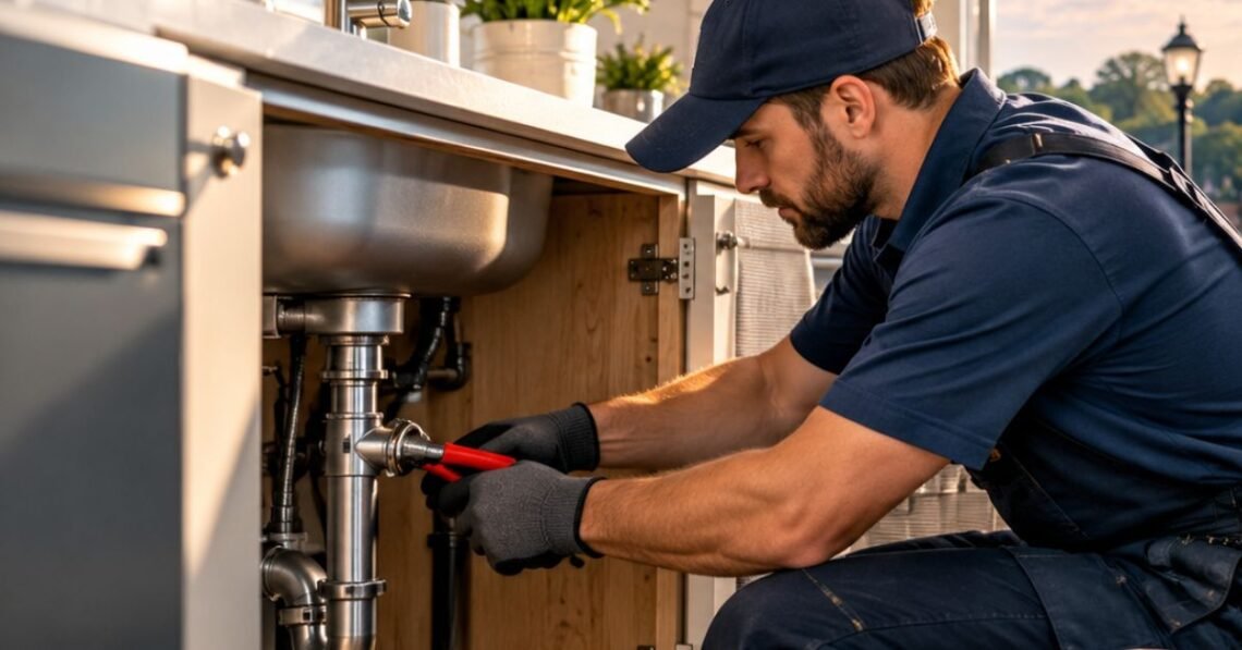Licensed plumber in Annapolis fixing a leaking pipe under a kitchen sink at a residential home
