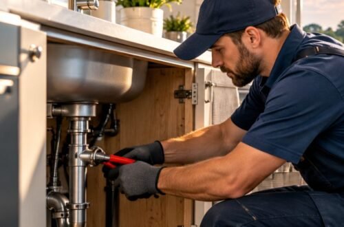 Licensed plumber in Annapolis fixing a leaking pipe under a kitchen sink at a residential home