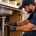 Licensed plumber in Annapolis fixing a leaking pipe under a kitchen sink at a residential home