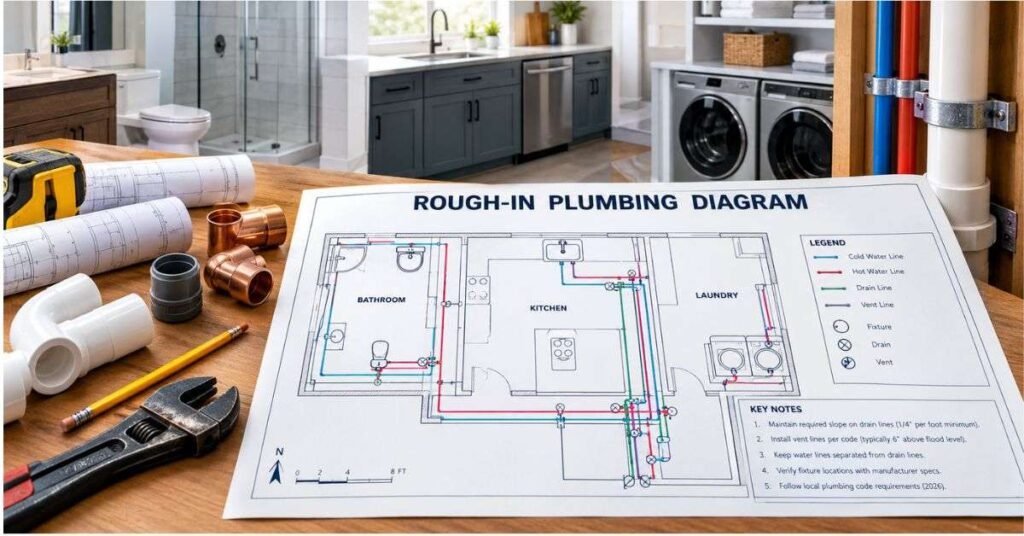 Licensed plumber reviewing a rough-in plumbing diagram before pipe installation during a renovation.