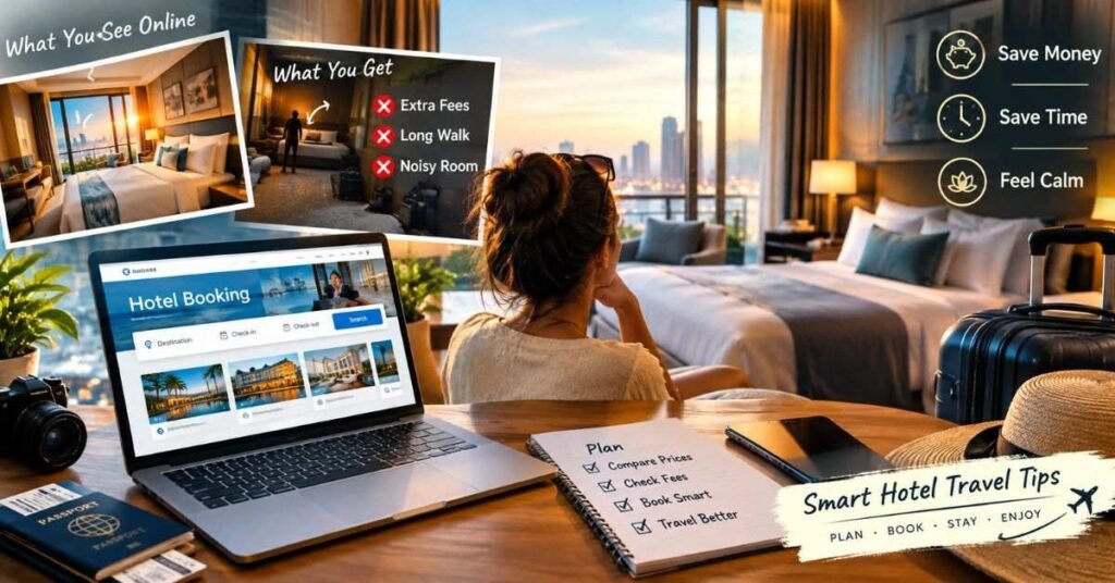 Simple travel checklist table with tips for booking hotels, safe check-in, and smart packing in 2026