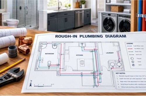 Licensed plumber reviewing a rough-in plumbing diagram before pipe installation during a renovation.