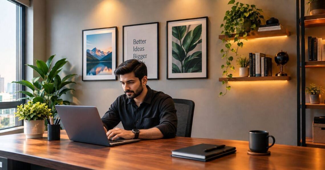 Modern home office with soft blue walls, a large framed abstract print, and a tidy wooden desk below