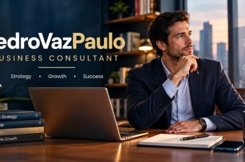 Business owner reviewing a consulting plan on a laptop with a notebook and a cup of coffee on a desk
