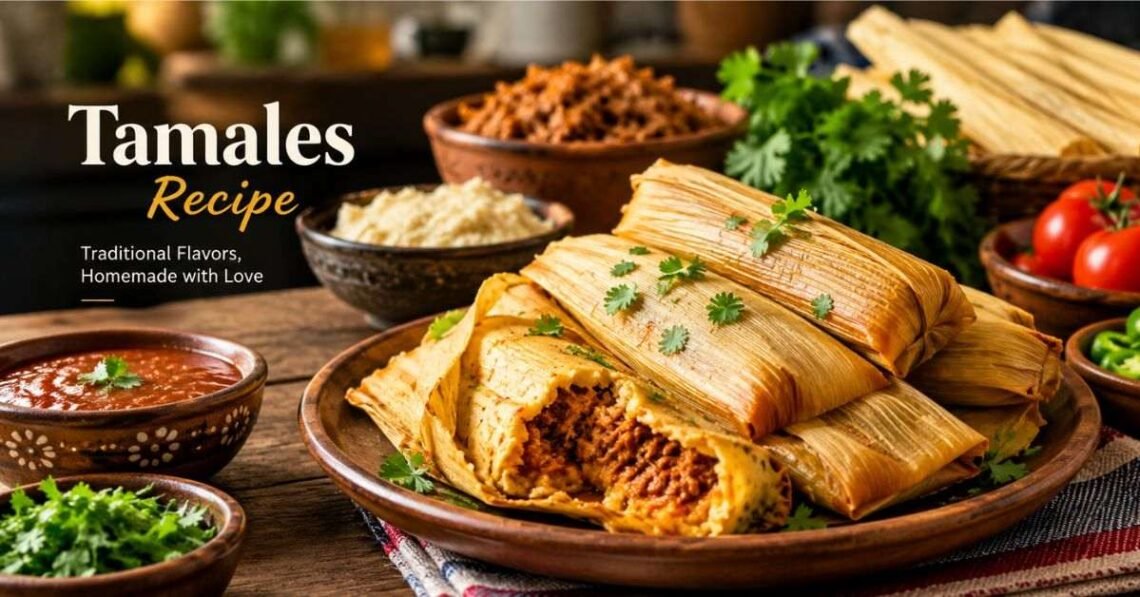 Warm homemade tamales unwrapped on a plate and topped with crema, crumbled cheese, and fresh cilantro