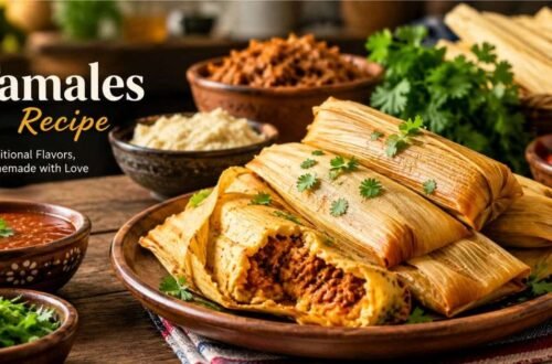 Warm homemade tamales unwrapped on a plate and topped with crema, crumbled cheese, and fresh cilantro