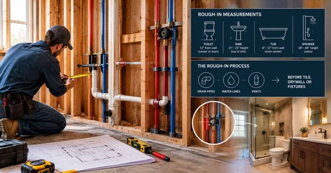Standard toilet rough-in dimensions chart with 12-inch flange distance and clearance measurements